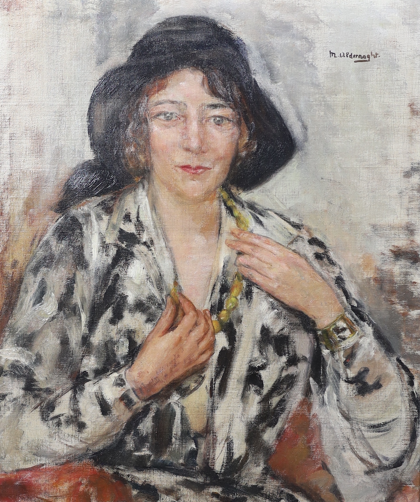 Maria Aldernaght (Belgian, 1902-1945), Portrait of a lady wearing an amber bead necklace, oil on canvas, 69 x 59cm